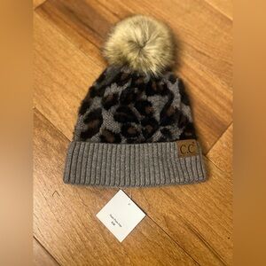 C.C Womans Animal Print Beanie with Pom Pom - Brown and Gray